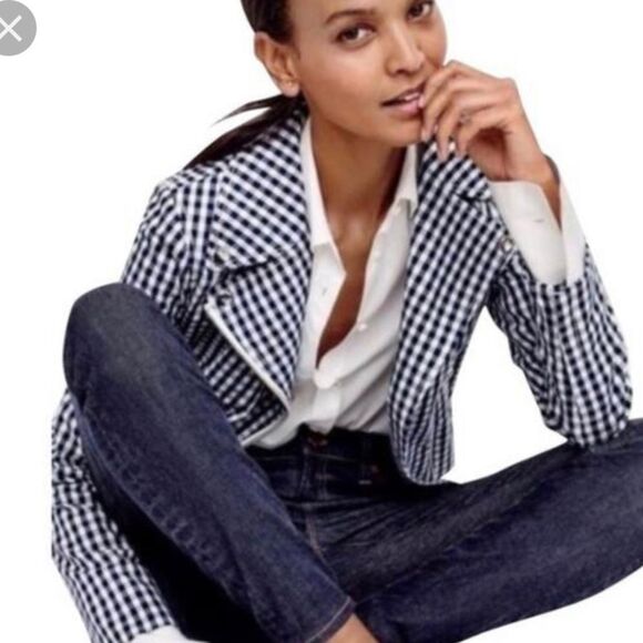 J. Crew Jackets & Blazers - J. CREW Collection Size 8 Navy White Gingham Moto Asym Zip Jacket